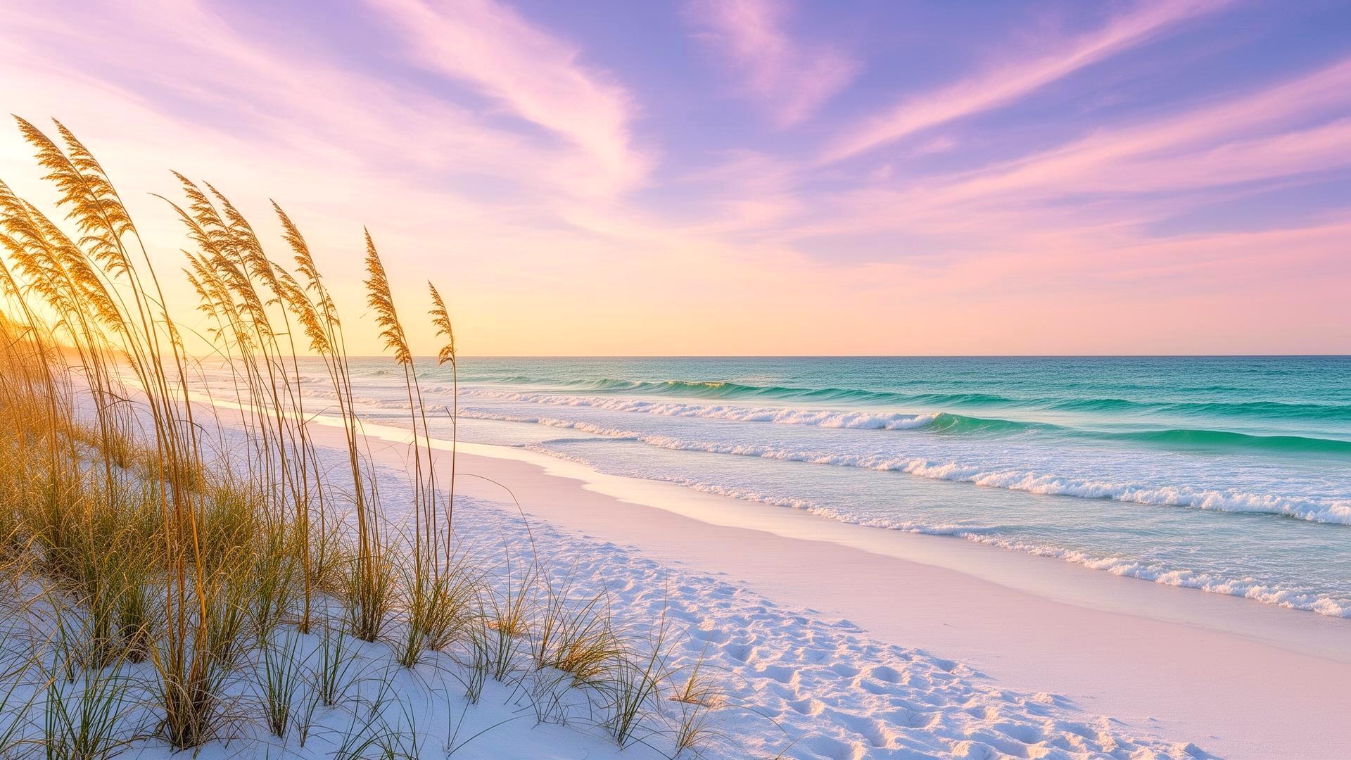 Sugar-white 30A beach at golden hour with sea oats and turquoise Gulf of Mexico waves — a short stroll from 105 York Lane B