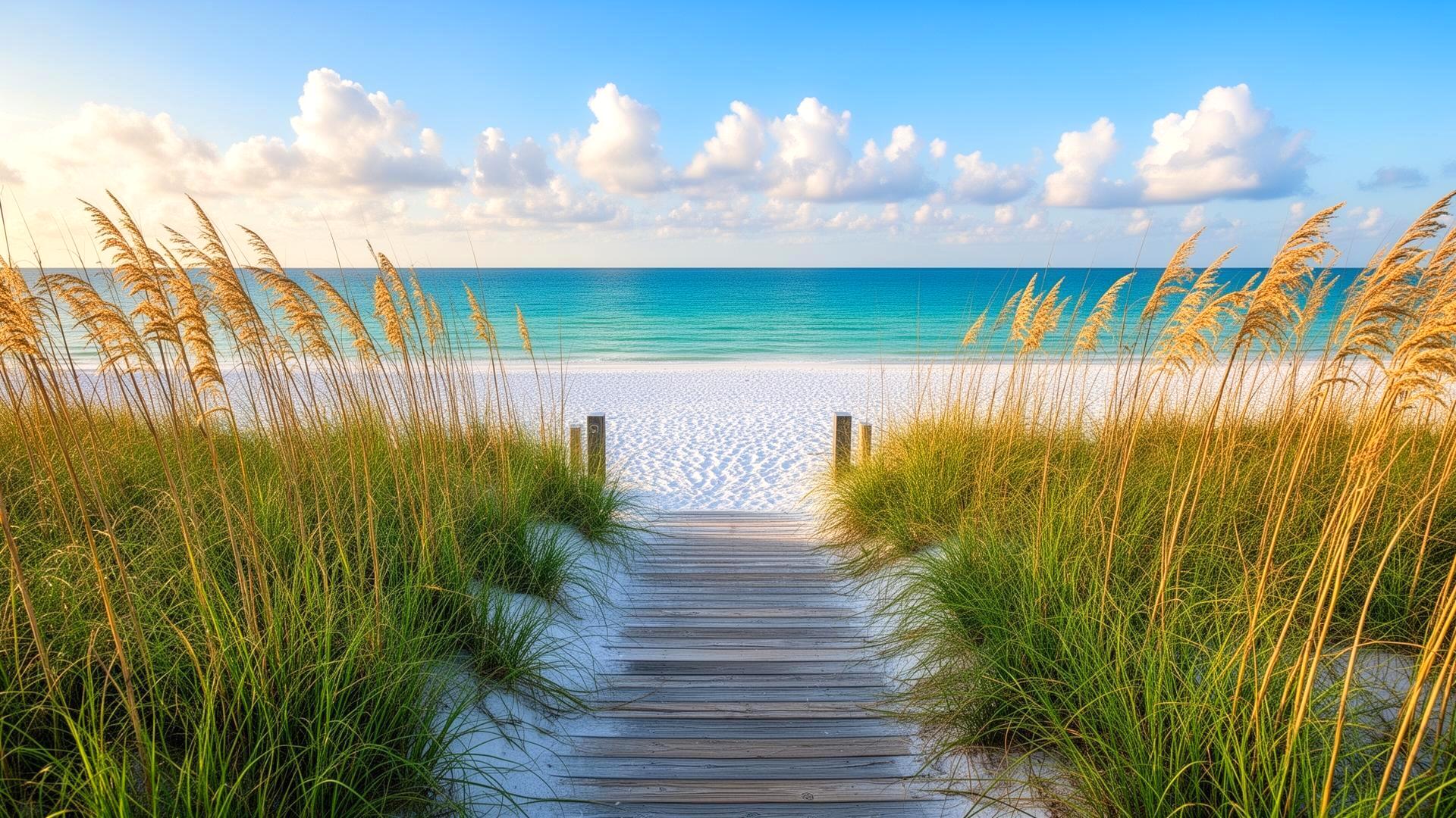 Wooden boardwalk through sea oats leading to the white sand beach and turquoise Gulf — classic 30A coastal access